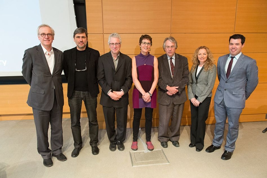 The panel discussion featured (left to right) John Durant, Drazen Prelec, Tom Levenson, Judith Layzer, Kerry Emanuel, Susan Hassol, and Chris Mooney.