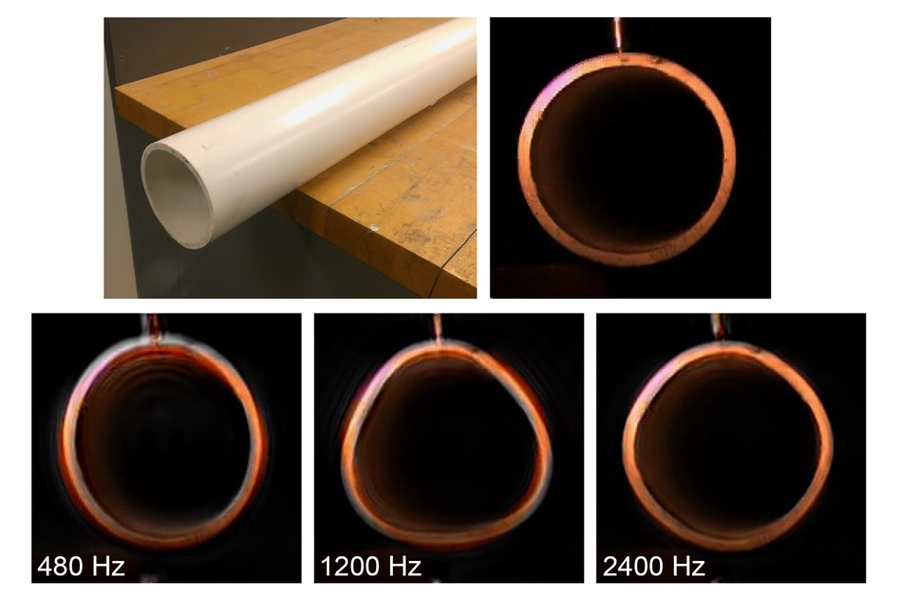 Motion magnification of the cross-section view of a pipe. The upper images show a still from the original video of the pipe being struck by a hammer. Using motion magnification algorithms, researchers exaggerated the pipe's motion at three frequencies – 480 Hz, 1200 Hz, and 2400 Hz – showing the first three modes of vibration. 