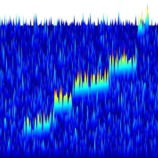 A three-dimensional interpretation of "event zero." The frequency increases slowly as the electron loses energy, ending in the first of six or possibly seven visible frequency jumps before the electron is ejected from the trap.