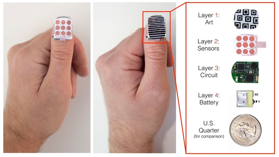 The first NailO prototype with Rigid PCB and copper printed electrodes. It can be personalized with a top nail-art layer. The 4 layers are shown individually, stacked on top of each other. 