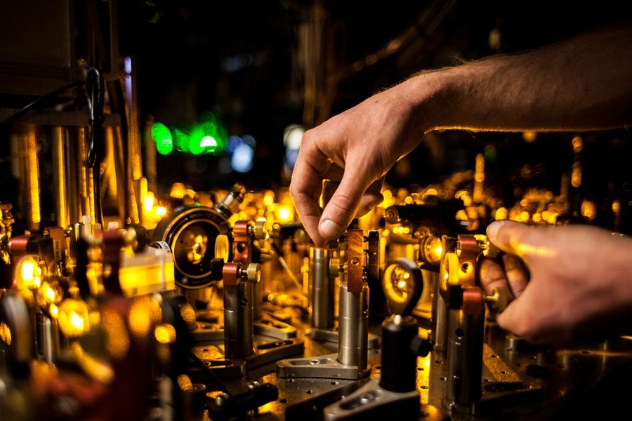 Laser beams are precisely aligned before being sent into the vacuum chamber.
