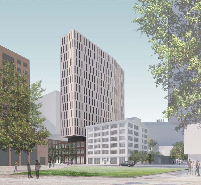A rendering of the proposed Site 4, which will include graduate student housing, the MIT Press Bookstore, and additional retail stores. 
