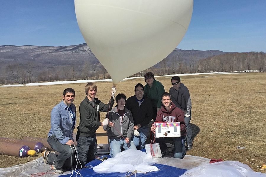 The MIT Space Balloon Team just prior to liftoff: (L-r) Anton Aboukhalil, Devon Jedamski, Eddie Obropta, Aaron Ashely, Zahra Khan, Duncan Miller, and Connor Cullinane
