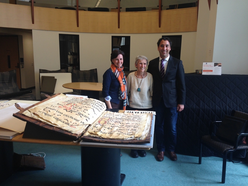 Left to right: Theresa Zammit Lupi, Glaser Codex donor Constance Kantar, and MIT Associate Professor Michael Cuthbert at the Lewis Music Library
