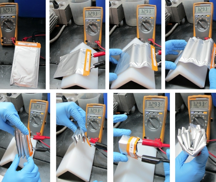 Unlike conventional, solid lithium-ion batteries, the new semisolid cells are flexible enough to be bent and folded multiple times without affecting their performance, as shown by the constant voltage readings in this test.