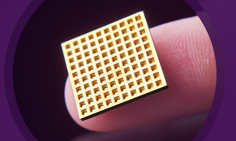 A version of Microchip Biotech's implantable, wirelessly controlled microchip. When an electrical current is delivered to one of the chip's tiny reservoirs, a single dose of therapeutics is released into the body. 