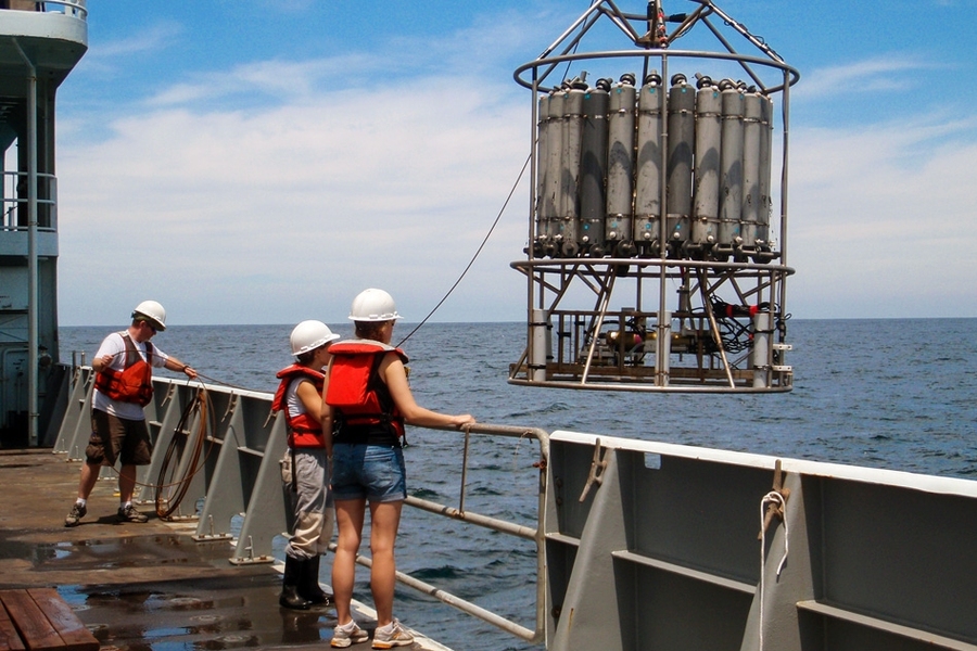 Researchers in the eastern tropical North Pacific used the sampling device shown here to gather water samples from various depths, at three different sampling locations.