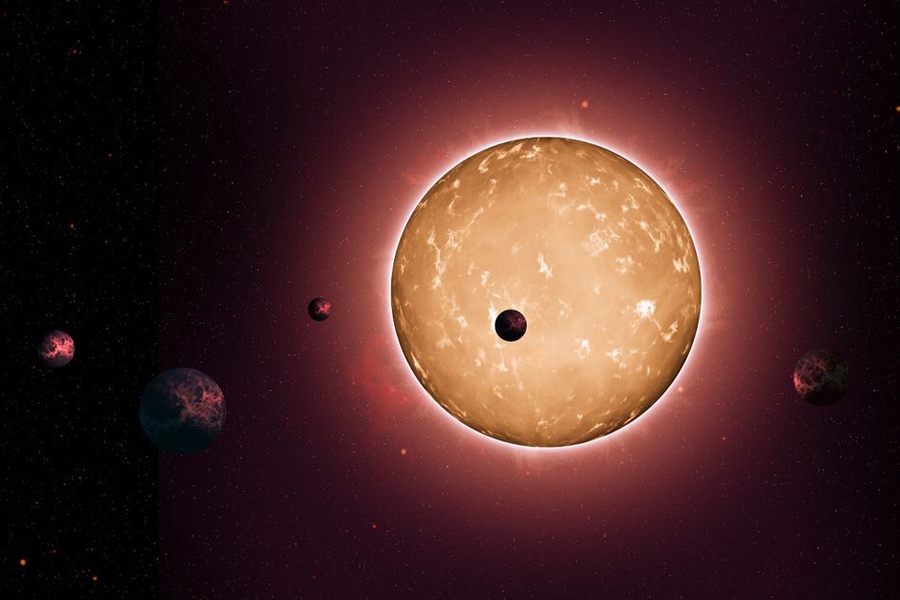 The system Kepler-444 formed when the Milky Way galaxy was a youthful two billion years old. The planets were detected from the dimming that occurs when they transit the disc of their parent star, as shown in this artist's conception. 
