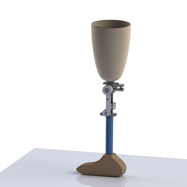 This 3-D rendering of the prosthetic knee prototype incorporates a spring for enabling energy conservation during early-stance and a differential damping system for achieving controlled transition from stance to swing and vice versa. 