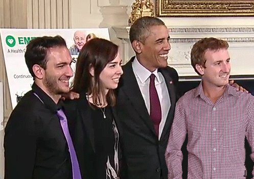 Pictured left to right: graduate student Fadel Adib, Professor Dina Katabi, President Barack Obama, and graduate student Zachary Kabelac.
