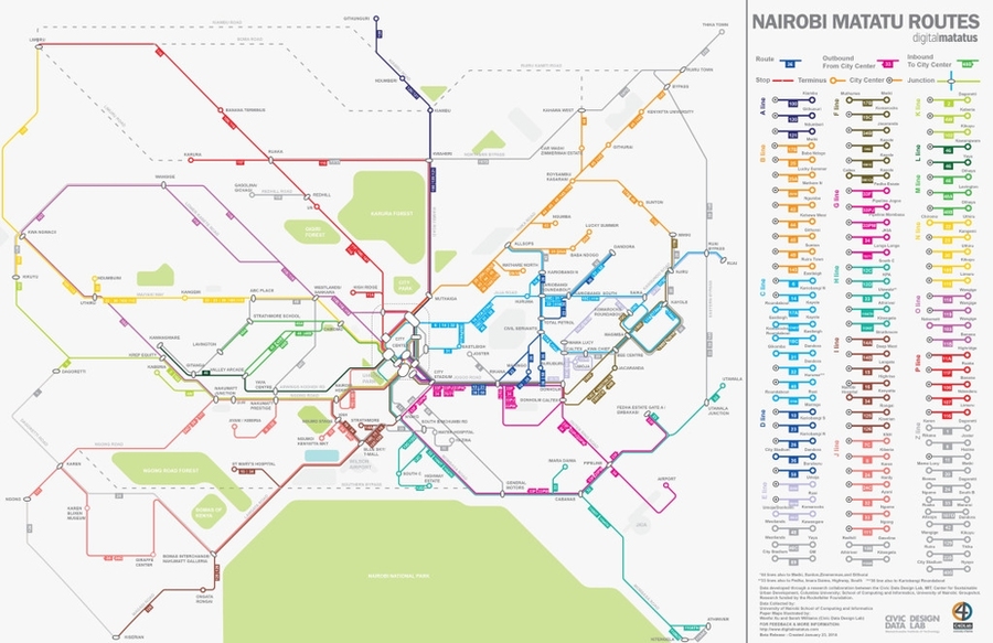 Researchers at MIT used cellphones to crowdsource data on the location of matatu routes, Nairobi's semiformal transit system. Data were used to create a stylized transport system map resembling subway maps from cities such as London, Paris, or New York. The downloadable map is now very popular, with thousands of downloads in Nairobi. The data behind the map are essential for urban planners who wan...