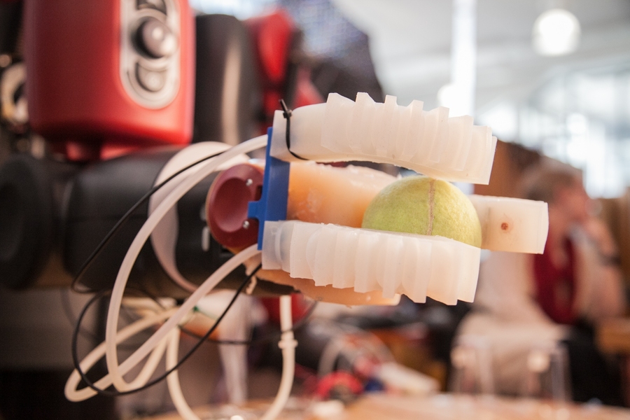 Three fingers on a new soft robotic gripper each have special sensors that can estimate the size and shape of an object accurately enough to identify it from a set of multiple items.