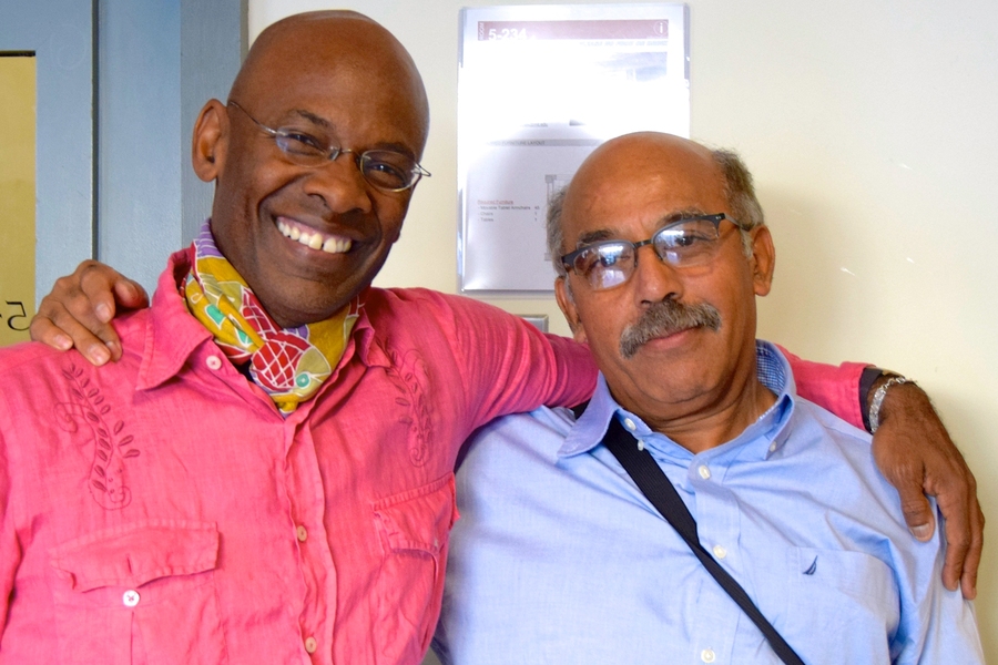 MIT professor of linguistics Michel DeGraff (left) and Vijay Kumar, associate dean and senior strategic advisor for digital learning at MIT. DeGraff and Kumar are the principal and co-principal investigators for the National Science Foundation-funded project, "Kreyol-based Cyberlearning for a New Perspective on the Teaching of STEM in local Languages."   