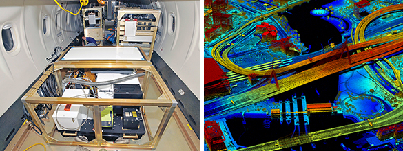 The MACHETE ladar and subsystems (left) are installed on a De Havilland Canada (DHC)-8 aircraft. At right, an image of a Boston artery shows the exceptional detail the MACHETE system captures. 
