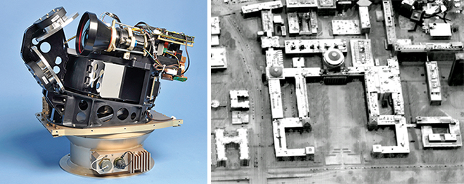 The Wide-Area Infrared System for Persistent Surveillance (WISP) camera at left uses a novel digital focal plane array, developed at Lincoln Laboratory, to capture 360-degree wide-area motion imagery of a scanned scene. The zoomed-in aerial image of the MIT campus at right was extracted from WISP video footage of Cambridge, Massachusetts, shot at night from an altitude of 9,000 feet.