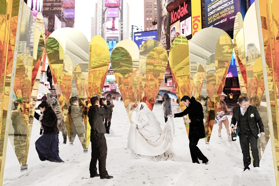 Collective-LOK, a collaboration including MIT Professor William O’Brien Jr. and PhD candidate Michael Kubo, will transform New York City’s Times Square for Valentine’s Day, with a dynamic pavilion of mirrored hearts that will both enclose space and reflect scenes of romantic revelers.