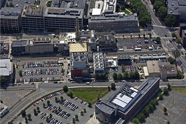 Aerial view of Central Utilities Plant located on Vassar Street (Portland and Albany Streets in foreground)