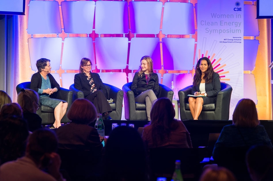 The "Clean Energy Technology Frontiers" panel at C3E featured panelists (l-r) Nancy Haegel, center director of materials science at the National Renewable Energy Laboratory; Angela Belcher, the James Mason Crafts Professor in the departments of Materials Science and Engineering and Biological Engineering at MIT; and Leslie Dewan '07 PhD '13, co-founder and CEO of Transatomic Power. The panel was m...