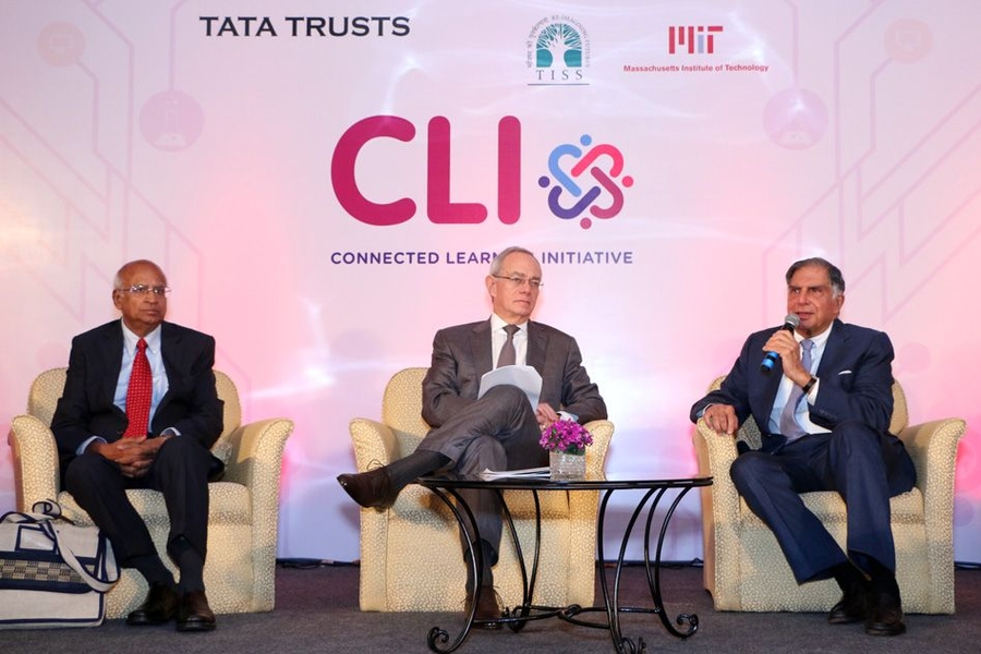 The announcement of the launch of CLIx, in Mumbai, was attended by Ratan Tata (with microphone), chairman of Tata Trusts; and seated left of Tata, MIT President L. Rafael Reif.