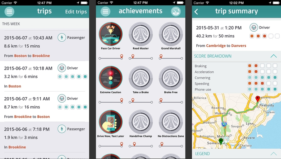 The DriveWell app runs in the background of a smartphone, collecting data on driving behavior. Drivers receive a score on a scale from 1 to 100, a route map, and tips for improvement. Scores can also be used for insurance discounts, or to compete with friends and other drivers worldwide. 