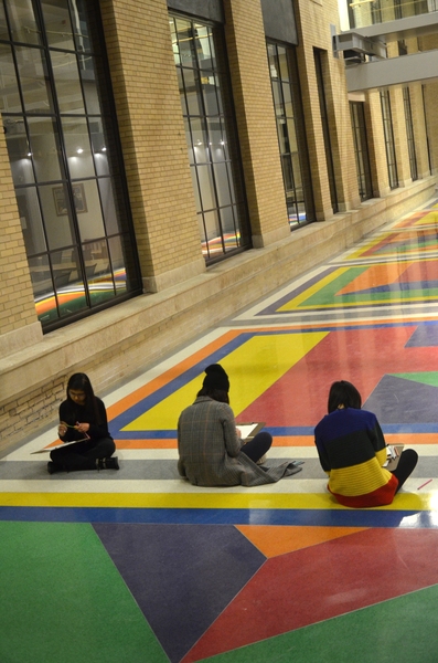 January 21, 2016, workshop participants “slow-look” at Sol LeWitt’s Bars of Color within Squares (MIT) installation in Building 6C. Slow Looking Art Workshops won a first-round Innovation Fund (IF) grant from MIT’s MindHandHeart Initiative 