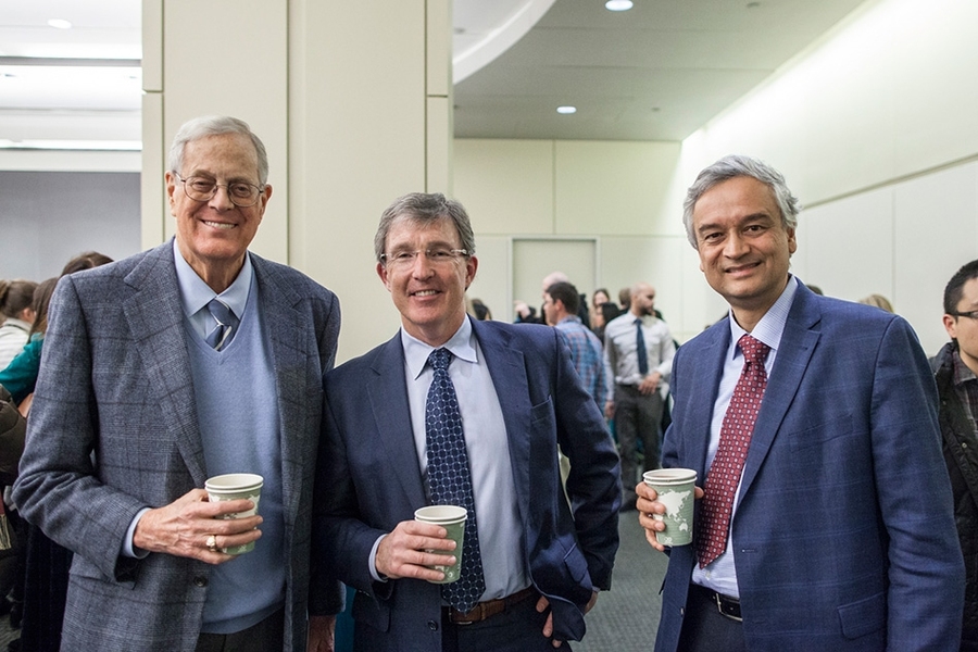David H. Koch '62, SM '63, Killian Award recipient Tyler Jacks, and Krishna Rajagopal, chair of the MIT faculty, at a reception following the Killian Lecture.

