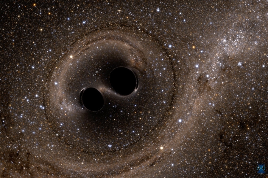 A computer simulation shows the collision of two black holes, a tremendously powerful event detected for the first time ever by the Laser Interferometer Gravitational-Wave Observatory, or LIGO. LIGO detected gravitational waves, or ripples in space and time, generated as the black holes merged. The simulation shows what the merger would look like if we could somehow get a closer look. The stars ap...