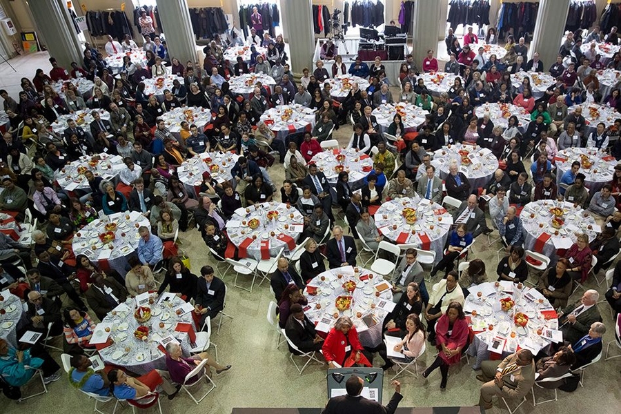 The keynote speaker, Freeman A. Hrabowski, III, president of University of Maryland, Baltimore County, speaks to the large audience. “I challenge MIT,” he said. “Be the best, not just for STEM but for humankind.” 