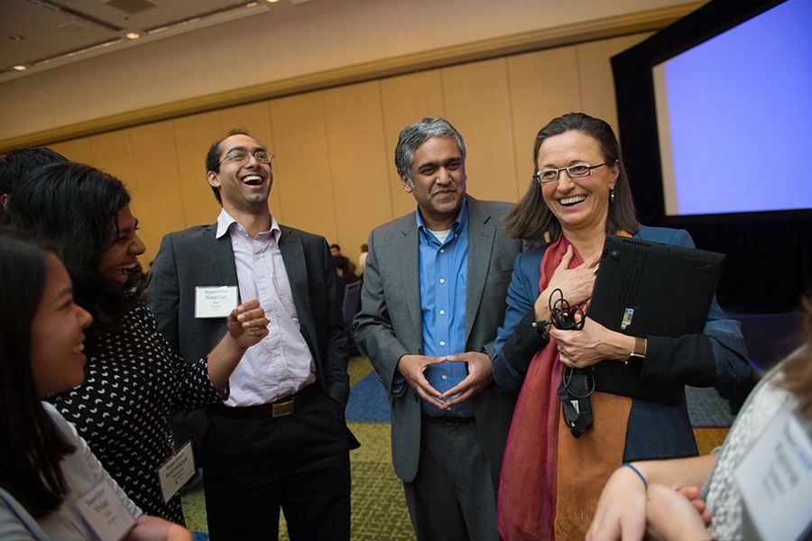 (Left to right) Course 6 senior Keertan Kini, Department of Electrical Engineering and Computer Science head Anantha Chandrakasan, and Vandebroek at the SuperUROP Research Preview.
