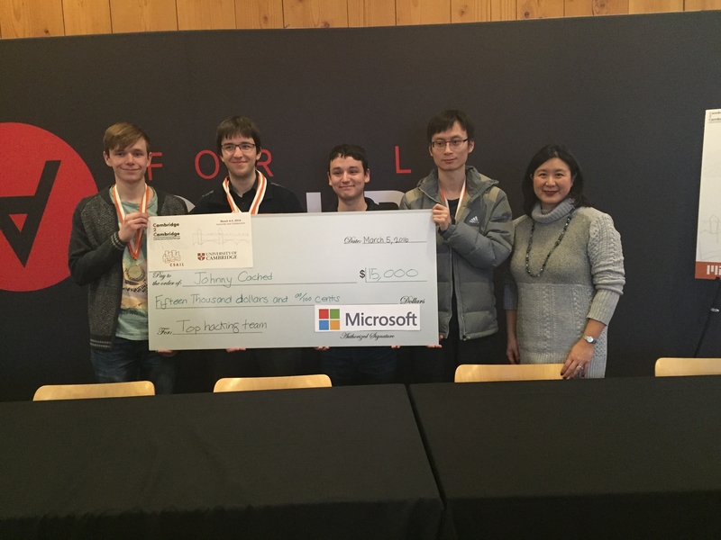 Winners of the $15,000 "Top Hacking Team" prize were (l-r) Cambridge University students Alex Dalgleish and Gabor Szarka and MIT students Julian Fuchs and Cheng Chen.