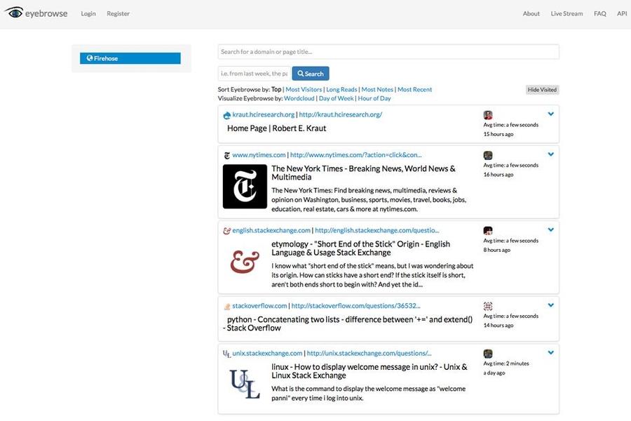 The Eyebrowse website looks much like Facebook’s “news feed,” with a list of pages recently visited by members of the Eyebrowse community.
