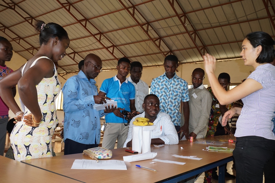 Heather Beem PhD ’15, 2011 winner, Practical Education Network (PEN), Ghana. Beem (right) demonstrates a teacher training to promote MIT-style hands-on learning.