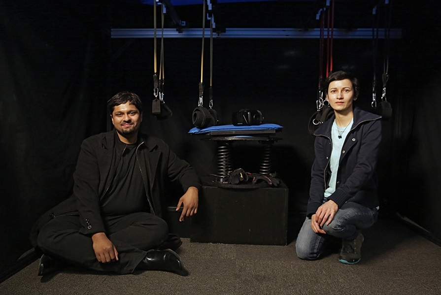 MIT Media Lab researchers Dhruv Jain (left) and Misha Sra are creators of the Amphibian SCUBA diving simulator.