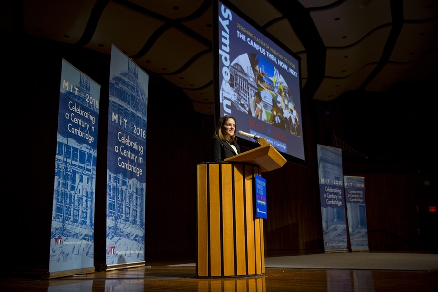 MIT Chancellor Cynthia Barnhart speaks at the symposium titled, “The Campus — Then, Now, Next,” held this week in Kresge Auditorium.
