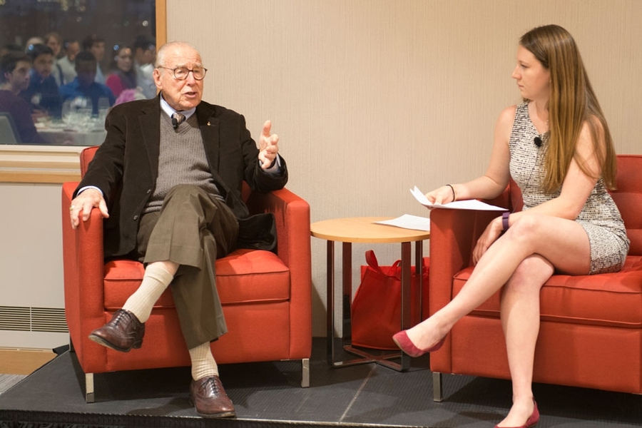Lovell spoke with students at the American Institute of Aeronautics and Astronautics (AIAA) MIT student chapter dinner. At his public MIT talk, he took questions from the audience, including from an AeroAstro PhD candidate who asked his advice for anyone dealing with stress. “You have to have a positive attitude, and look ahead,” Lovell responded. 