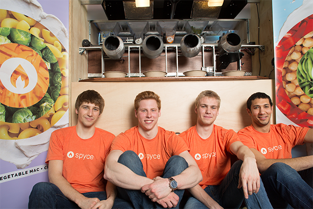 Luke Schlueter, Kale Rogers, Braden Knight, and Michael Farid (left to right) of MIT are the $10,000 Lemelson-MIT “Eat it!” Undergraduate Winners for their invention Spyce, the world’s first completely automated restaurant. 
