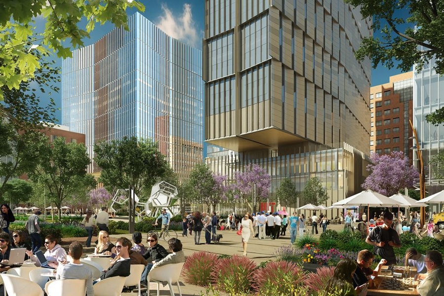 The future urban landscape will include zones for multiple uses and programming, and will also serve as an extension of MIT’s Infinite Corridor, connecting the main campus all the way through to East Campus and the Sloan School of Management. This rendering shows a northwest-facing view, including the two new buildings that will be built on the south side of Main Street.