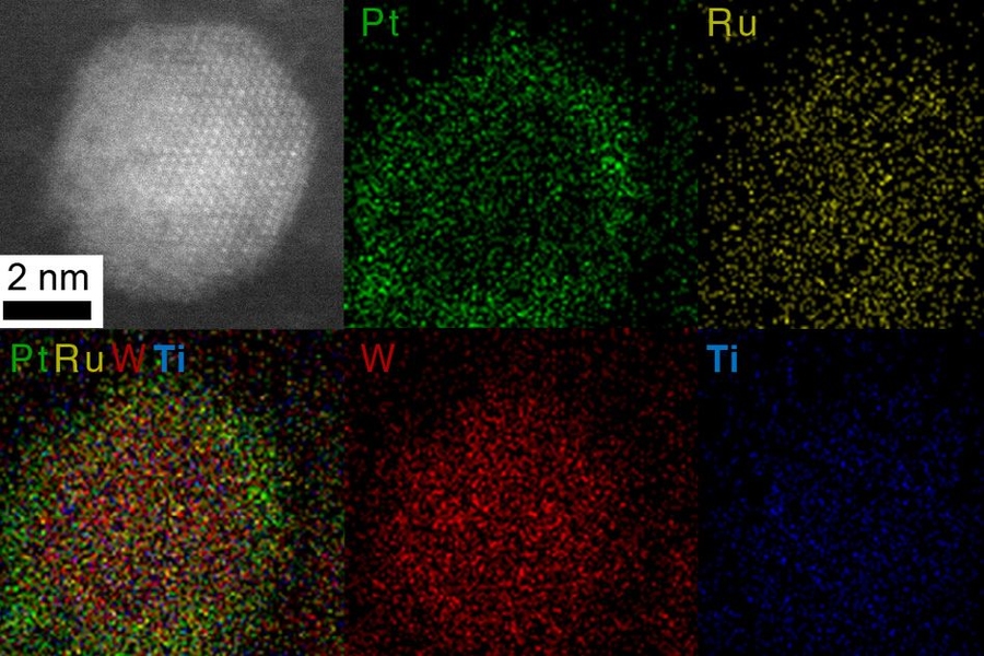 A sample of a core-shell nanoparticle made by the researchers is shown in images made using scanning transmission electron microscope (STEM) and energy-dispersive x-ray spectroscopy (EDX). Color images show where the different elements are located in the particle, with the precious metals platinum (Pt) and ruthenium (Ru) concentrated in the shell, and the other constituents, tungsten (W), and tita...