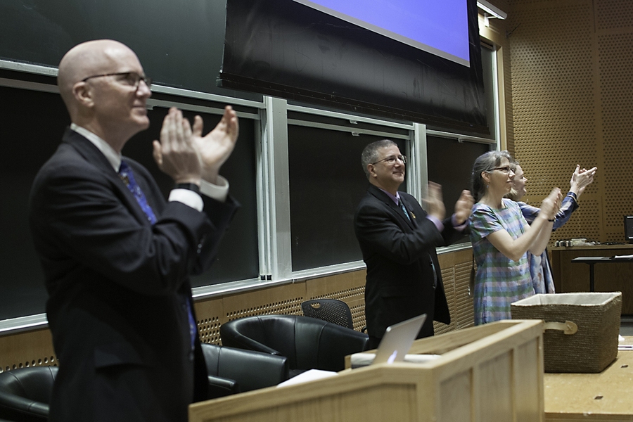 MIT SHASS professors (left to right) Charles Stewart III, Jeffrey Ravel, Anne McCants, and Diana Henderson applaud the new members of Phi Beta Kappa. “This year's inductees represent the very best of MIT, in the sense that they have excelled not only at technical subjects, but also at the humanities, arts, and social and natural sciences,” says Ravel, professor of history and president of the ...