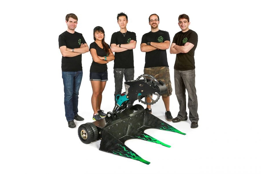 (Left to right) The SawBlaze team includes: John Mayo ’16; Lucy Du ’14, SM ’16; Jamison Go ’15; graduate student João Luiz Souza Ramos; and Christopher Merian ’16.
