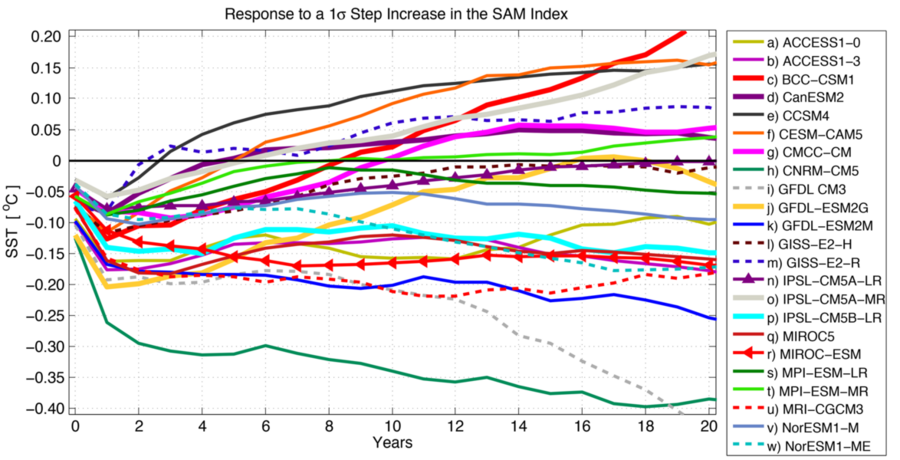 Each model responds differently to a step increase in westerly winds (SAM Index). Initially, all models experience cooling of their sea surface temperatures (SST), but only some cross over from cooling (below y=0 to warming marked by positive sea surface temperature anomalies). 
