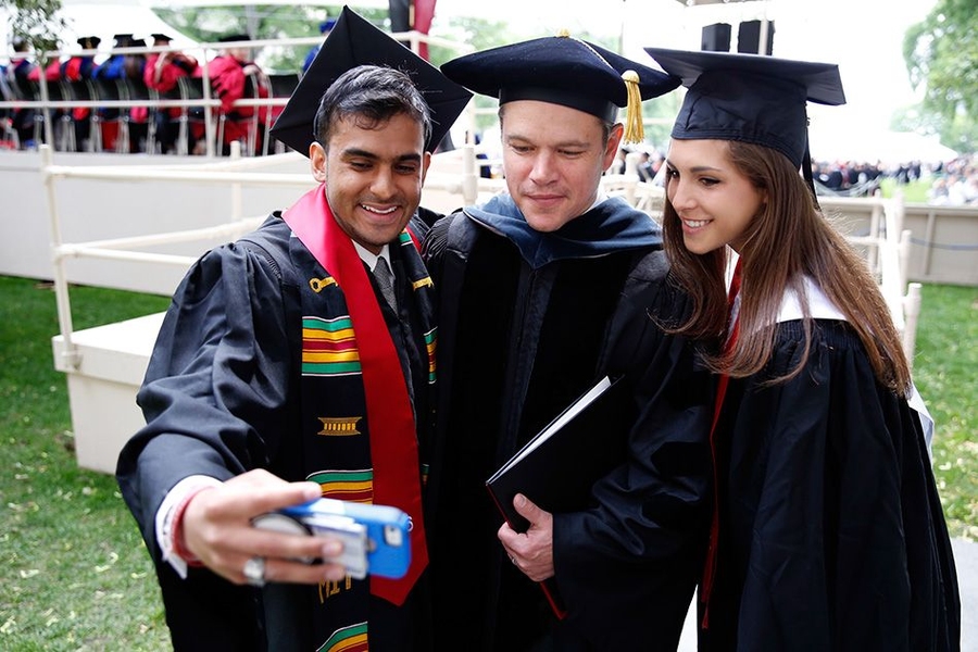 Actor, filmmaker, and MIT Commencement guest speaker Matt Damon took a photo with members of the Class of 2016.