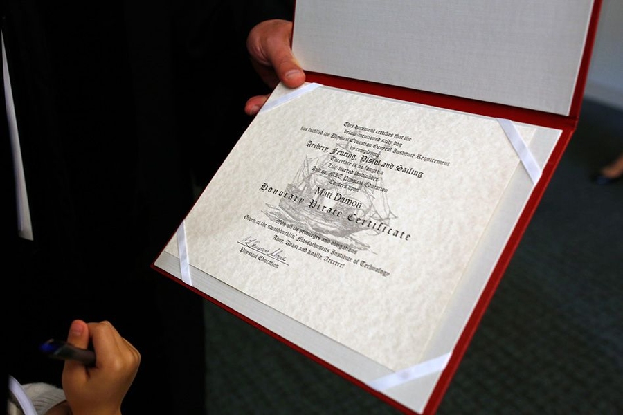 Damon received an authentic MIT Pirate Certificate, in reference to a scene from “The Martian,” in which  Damon’s character declares himself a space pirate.