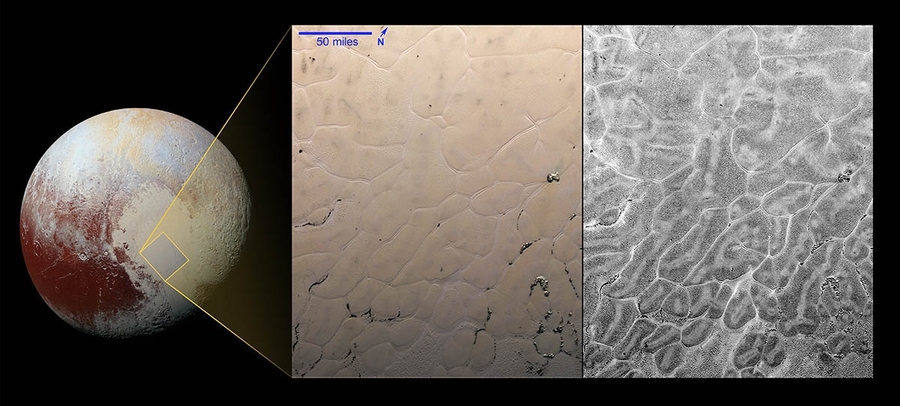 The pattern of cells seen in this view of Pluto's surface is very likely a consequence of the convective flow that New Horizons scientists think is taking place within the nitrogen ice of the Sputnik Planum region, where warmer ice rises at the centers of cells, travels outward, and descends at the edges, like a cosmic lava lamp.