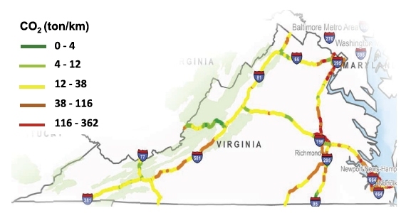 Roughness- and deflection-induced excess carbon dioxide emissions on Virginia’s Interstate Highway network in 2013