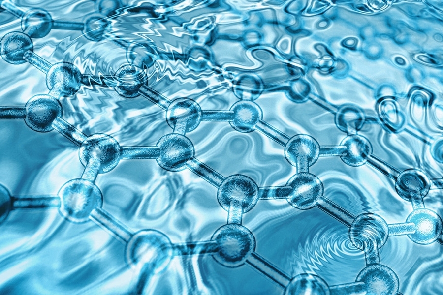 This computational illustration shows a graphene network structure below a layer of water. 