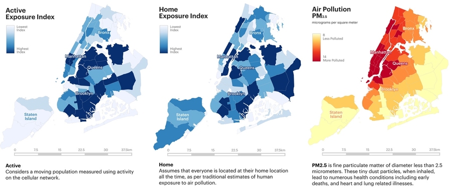 These maps of New York City show a comparison of approaches to measuring pollution exposure.