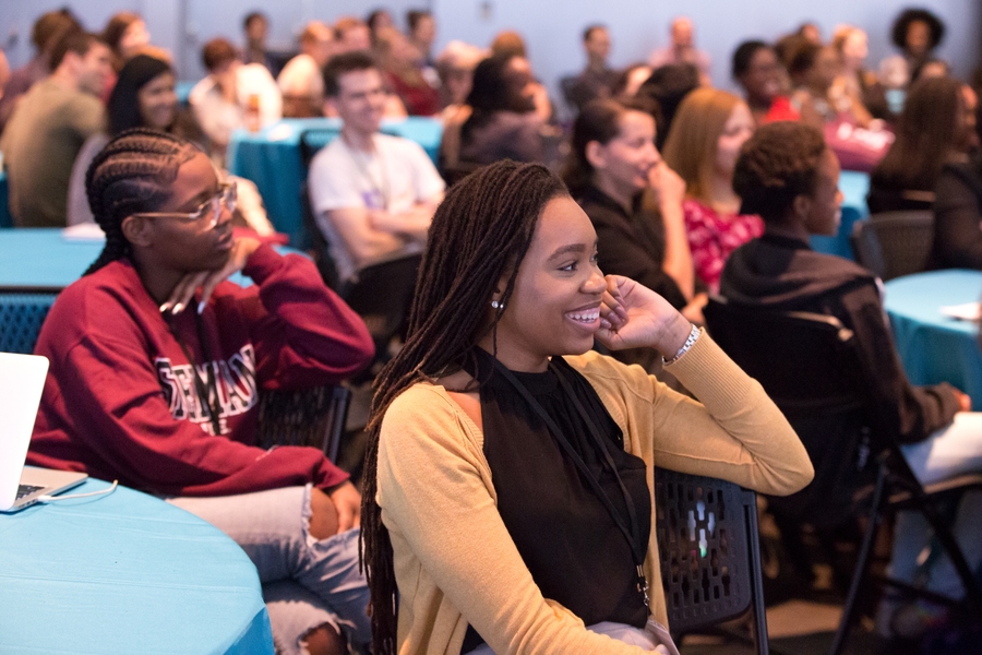 Lauren-Jenay Kelley (foreground) was among students attending the "No Permission, No Apologies" event at the MIT Media Lab from MIT, Wellesley and Spelman Colleges, and the University of Maryland.
