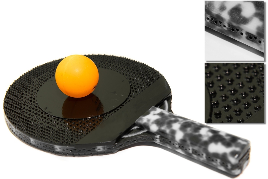 “It’s like Photoshop for 3-D materials, allowing you to design objects made of new composite materials that have the optimal mechanical, thermal, and conductive properties that you need for a given task,” says Kiril Vidimče. “You are only constrained by your creativity and your ideas on how to combine materials in novel ways.” Seen here: a ping-pong paddle fabricated with Foundry. 