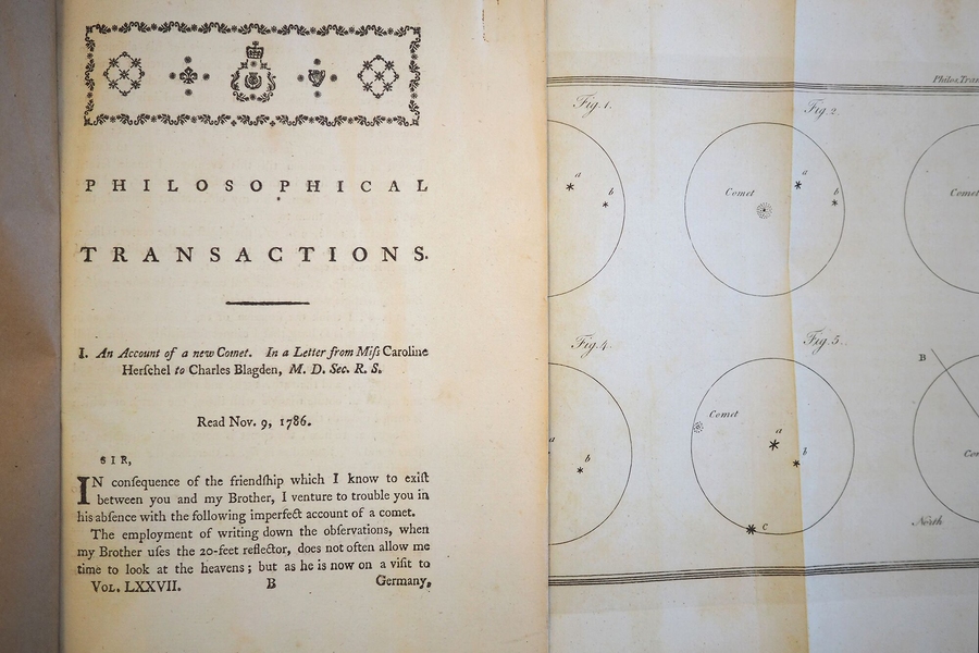 MIT’s copy of a 1786 report on one of Caroline Herschel’s comet discoveries includes a pullout with engraved diagrams of her observations.